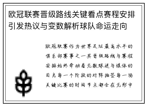 欧冠联赛晋级路线关键看点赛程安排引发热议与变数解析球队命运走向